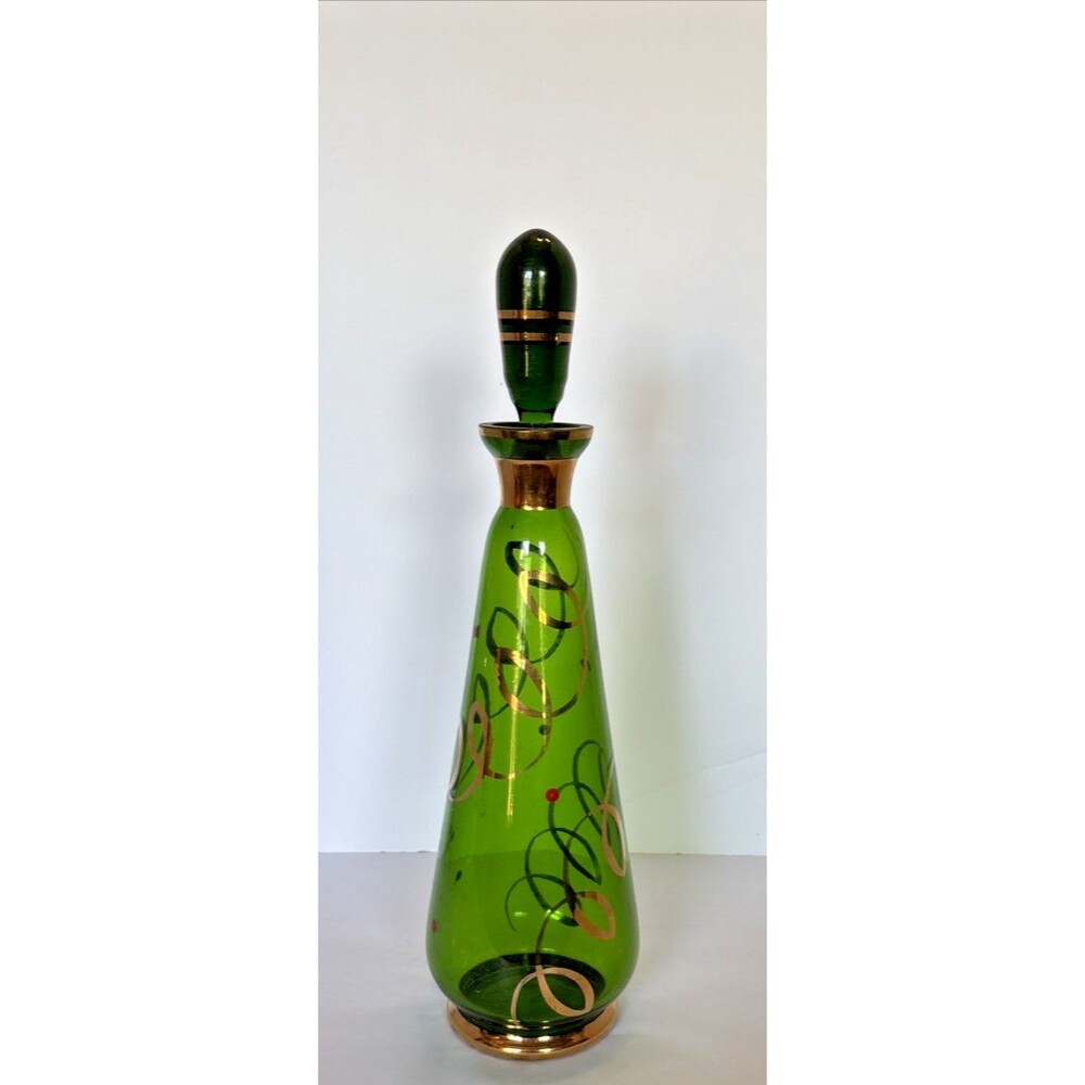 Vintage Green and Gold Art Glass Decanter - Tapering Cone Silhouette